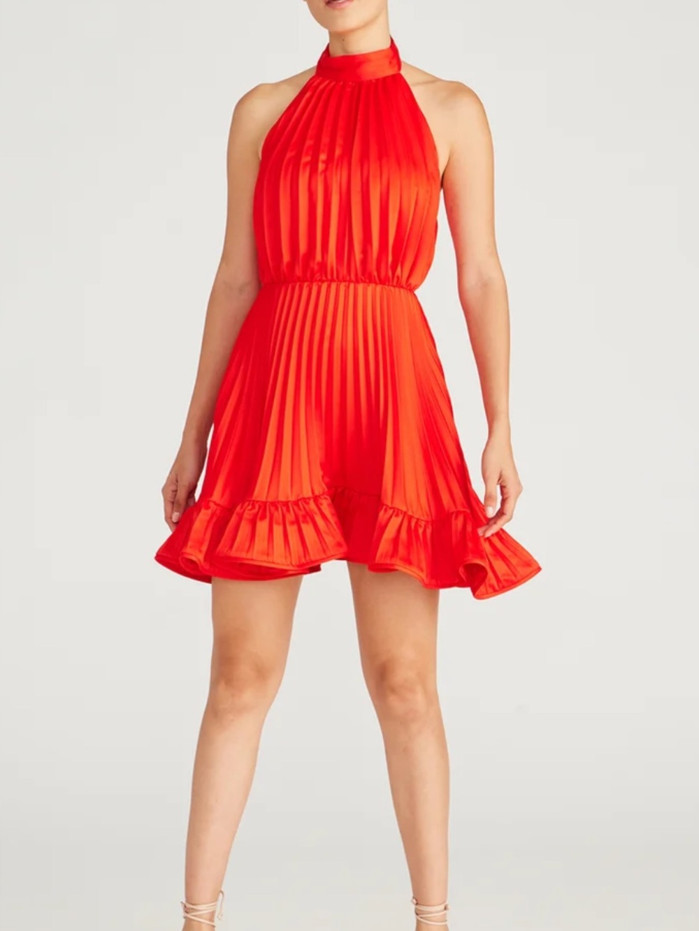 AMIRI Red Halter Pleated Mini Dress with Ruffle Hem